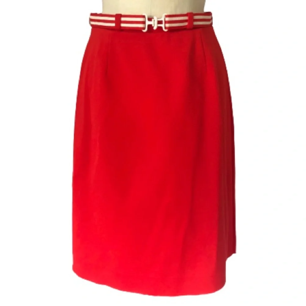 Vintage 70s Red Belted A-Line ILGWU USA Made Midi Skirt